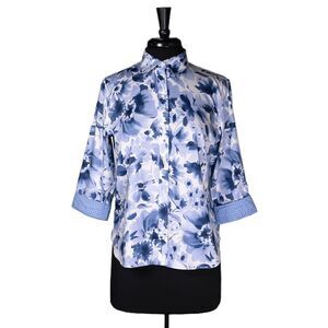 Chaps Ralph Lauren Women's Shirt Button Up Blue White Floral Check Blouse Top PL